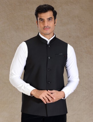 Black silk waistcoat with bandhgala for men