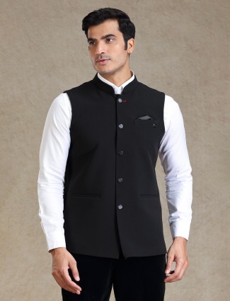Black textured nehru jacket in jute