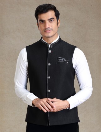 Black jute waistcoat for men with textured