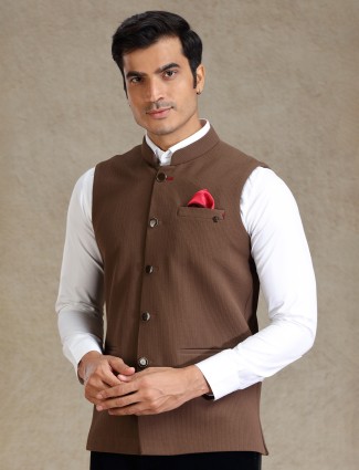 Latest brown textured bandhgala waistcoat for formal events