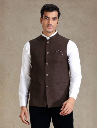 Classy chocolate brown jute waistcoat for men
