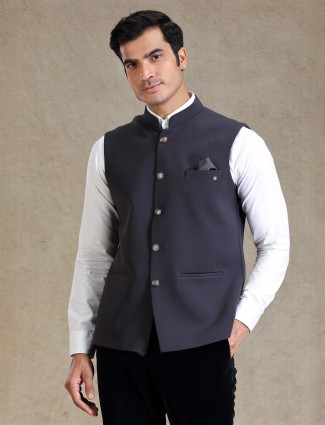 Ink grey jute fabric textured waistcoat for men