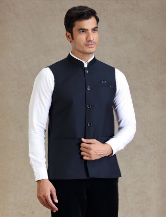 Navy bandhgala waistcoat for men in silk