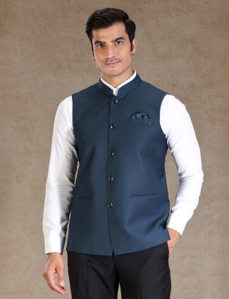 Peacock blue silk waistcoat with bandhgala