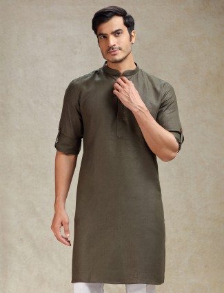 Olive green kurta pajama set for pooja ceremony