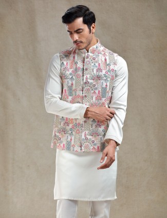 Elegant cream kurta jacket ensemble for reception celebrations