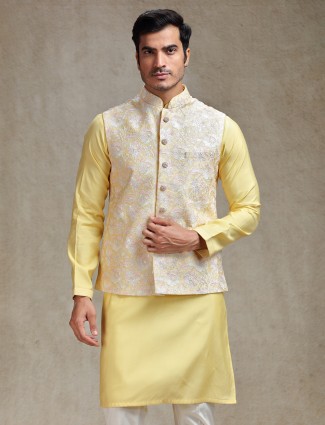 Charming pastel yellow waistcoat set for festive occasions