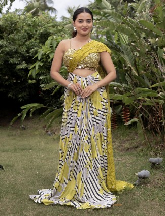 Green printed crepe indowestern suit with sleeveless style