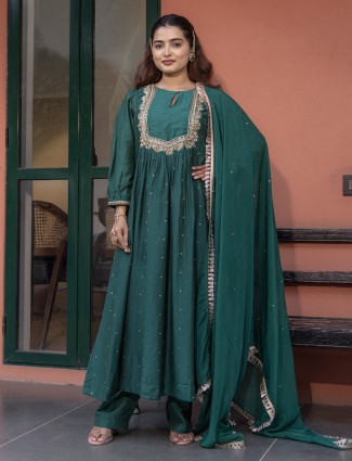 Dark green silk anarkali suit with dupatta for festivals
