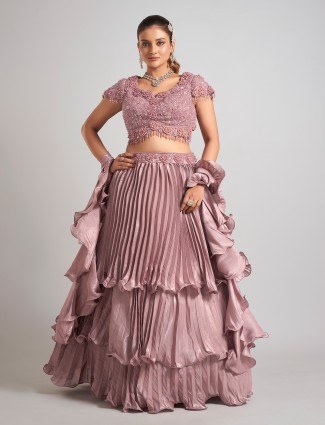 Brown organza lehenga choli with ruffle edge dupatta