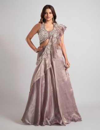 Pastel purple tissue silk lehenga choli with attached dupatta