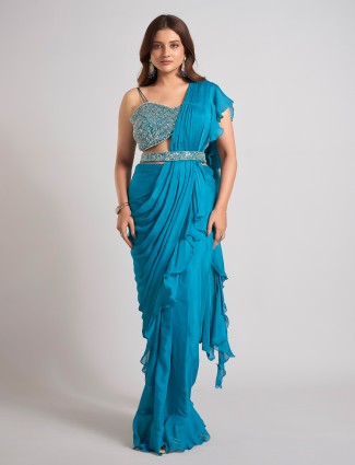Ocean mist aqua silk ready to wear saree