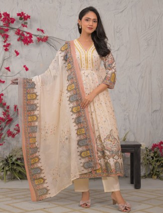 Beige mulmul cotton kurti set with dupatta