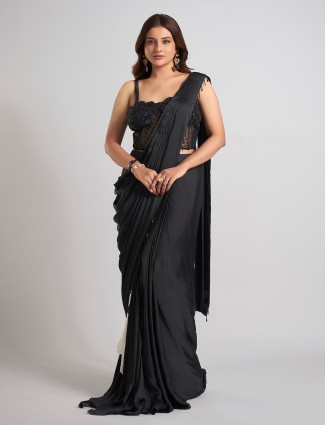 Midnight noir black satin silk party saree