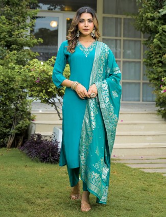 Blue silk kurti set with zari detailing