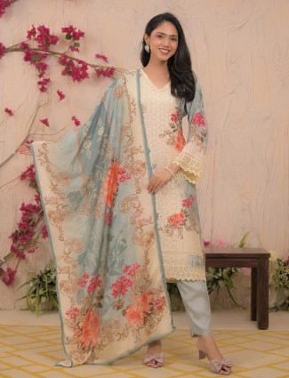 Grey white cotton silk kurti set with cutwork