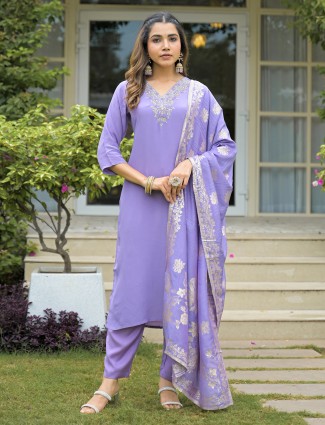 Lavender embroidered silk kurti pant dupatta set