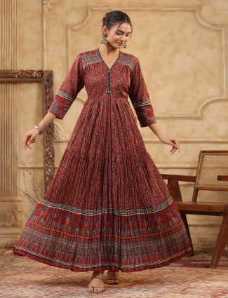 Maroon silk kurti set with prints