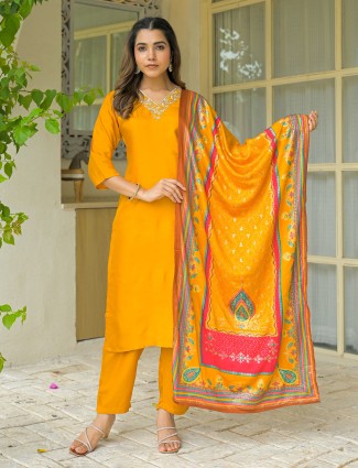 Yellow silk festive wear kurti set with dupatta