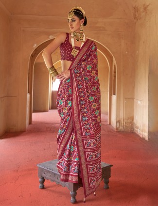 Brown patola silk saree with traditional print
