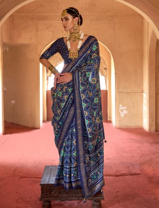 Navy blue printed patola silk saree for festive wear