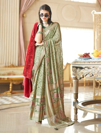 Olive georgette saree for festive occasions