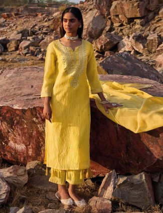 Yellow embellished silk kurti set with dupatta