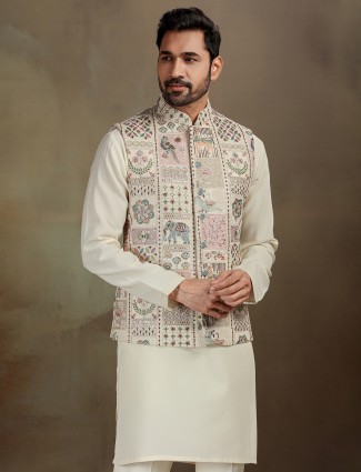 Cream raw silk stone embellished set