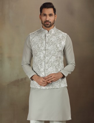 Grey cotton silk subtle embroidered set
