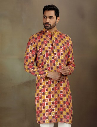 Dark purple printed cotton silk kurta pajama for men