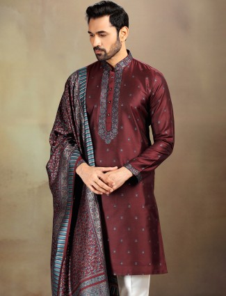 Pastel maroon silk kurta suit set
