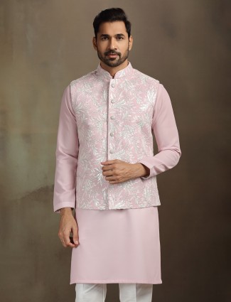 Pink cotton silk festive waistcoat set