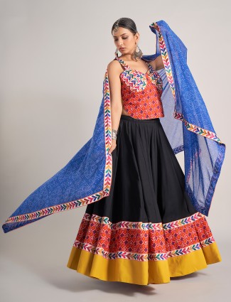 Black printed silk chaniya choli for garba nights