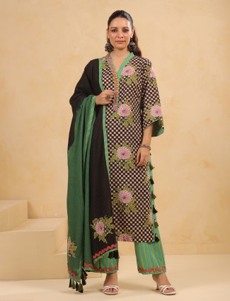 Black printed silk kurti set with dupatta
