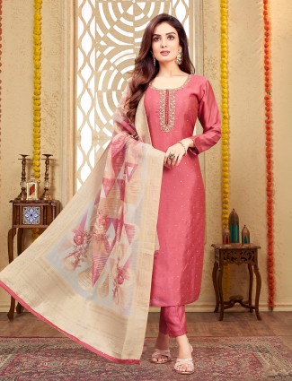 Classic dark peach silk salwar suit for festive occasions