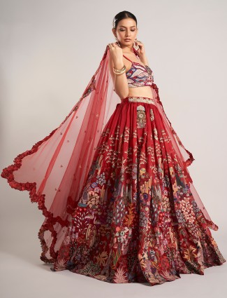 Maroon organza lehenga choli for reception