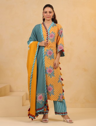 Mustard yellow coin work silk kurti set