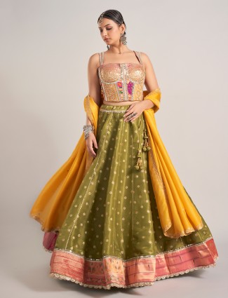 Olive silk navratri special chaniya choli with dupatta
