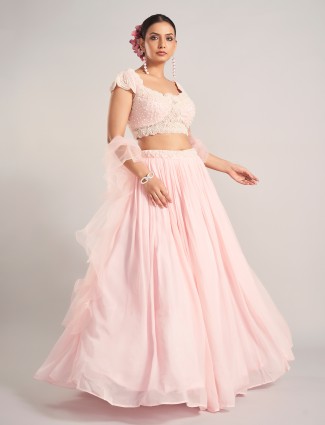 Pink georgette lehenga choli with ruffle dupatta