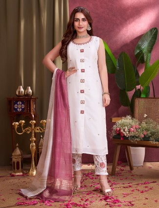 White silk salwar suit with designer shaded dupatta