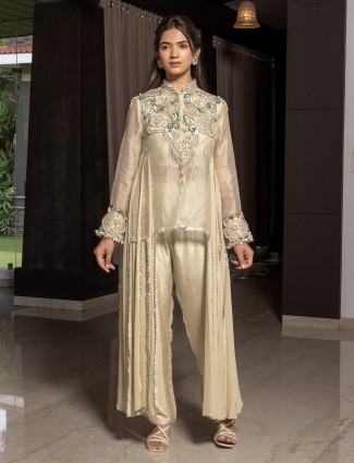 Chic beige tissue silk palazzo suit for women