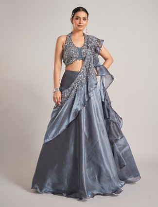 Organza dark grey lehenga choli with attached dupatta