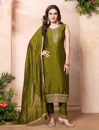 Mustard yellow silk salwar suit with mirror work