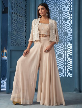 Beige silk palazzo salwar suit for wedding