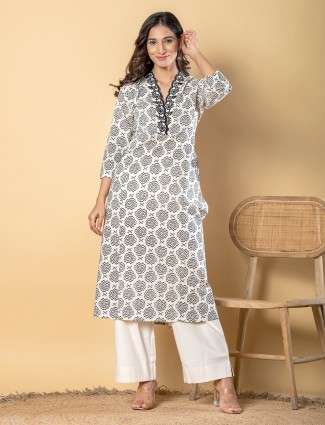 Black and cream cotton silk printed kurti palazzo set