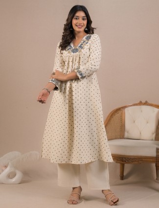 Cream cotton silk printed kurti palazzo set for festive