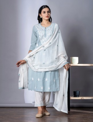 Grey cotton straight cut kurti set