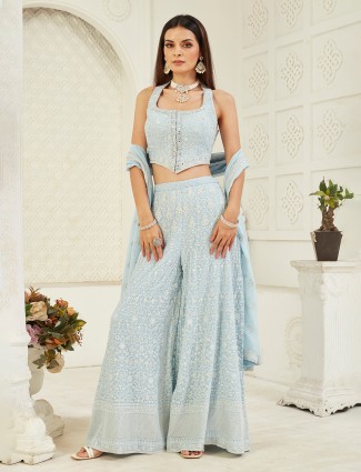 Light blue georgette palazzo suit with mirror work