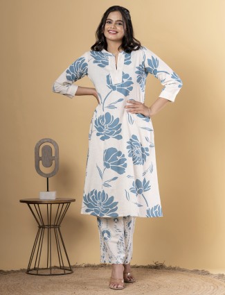 Off white and grey cotton silk printed kurti palazzo set