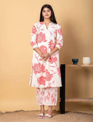 Chic off white and peach cotton silk printed kurti palazzo set